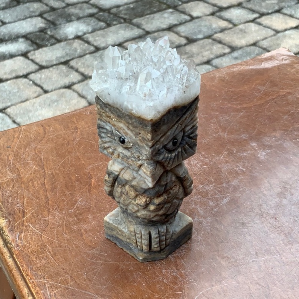 HAND CARVED QUARTZ CRYSTAL CLUSTER OWL